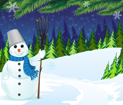 Snowman with a broom and bucket
