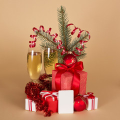 Fototapeta na wymiar Christmas gifts, toys, fir-tree branch