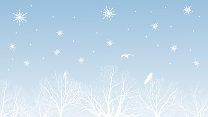 Fototapeta na wymiar forest and white snowflakes illustration