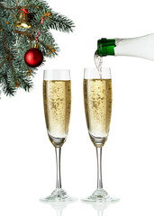 Flutes of champagne in holiday setting. Closeup.