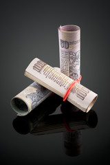 Close-up of rolled-up Indian paper currency