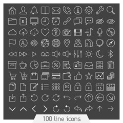 100 line icons for Web and Mobile. Dark version.