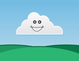 Cloud character smiling over green hills