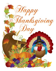 Naklejka premium Happy Thanksgiving Day Cornucopia Turkey Illustration