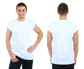 T-shirt on young man in front and behind isolated on white