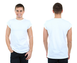 T-shirt on young man in front and behind isolated on white