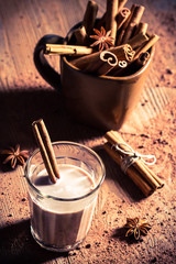 Obraz na płótnie Canvas Zbliżenie mleka kakaowego z kory cynamonu