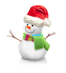 Snowman in Santa Claus xmas red hat isolated on white