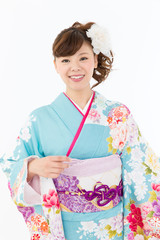 Beautiful asian kimono woman on white background