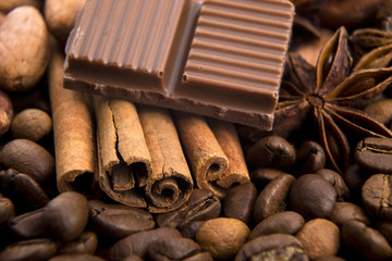 chocolate with coffee beans, spices and cacao
