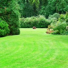 Keuken spatwand met foto mooie zomertuin met grote groene gazons © alinamd