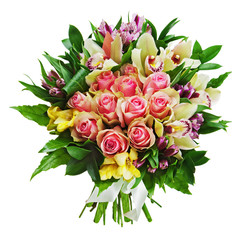 Floral bouquet of roses, lilies and orchids arrangement centerpi
