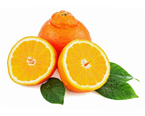Fresh orange fruit with green leaves isolated on white backgroun