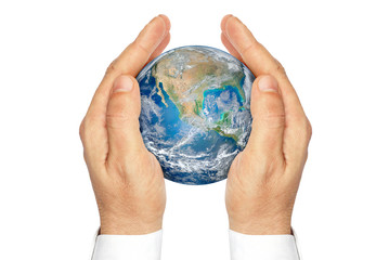 Hands holding the planet Earth isolated on a white background.