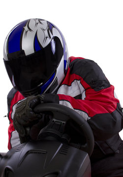 Racerwearing Red Racing Suit And Blue Helmet On A Steering Wheel