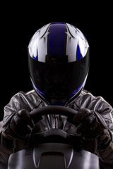 race car driver wearing protective leather and helmet