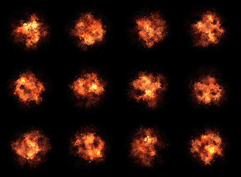many different bright explosion flash on a black backgrounds