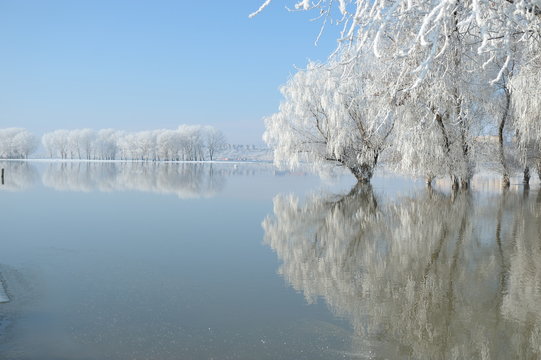 winter landscape with beautiful reflection in the water