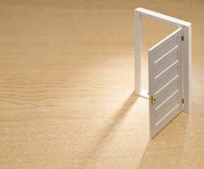 木目の背景にミニチュアの扉