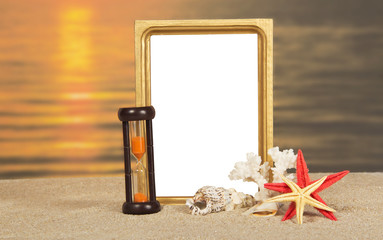 Gold frame on a background of sea sunset