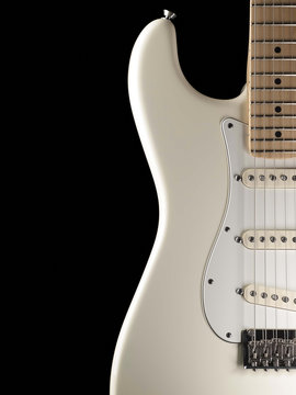 White electric guitar on black background
