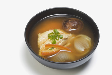 Close-up of Chinese mushroom soup in a pan