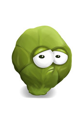 Sad green brussels sprouts cartoon, a disappointed character.