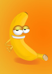 Cool, funny banana cartoon character with a big smile.
