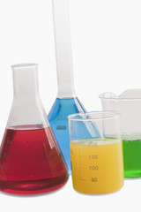Close-up of laboratory glassware with chemicals