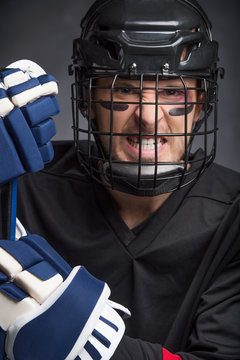 Close up of Angry face of hockey player.