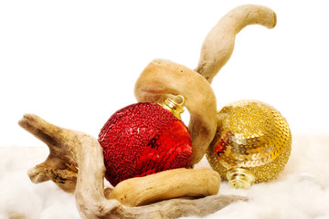 christmas baubles in winter scene