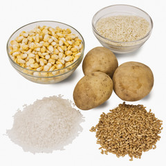Close-up of raw potatoes with cereals