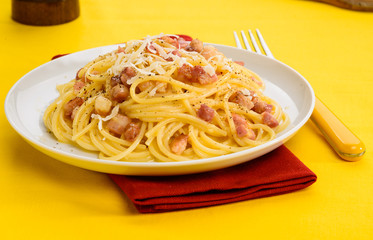 Carbonara on white dish