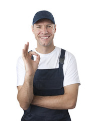Portrait of smiling worker in blue uniform isolated on white bac