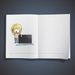 Girl holding a modern laptop printed on book