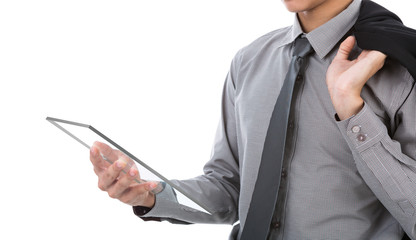 Business man using glass transparent  touch screen device agains