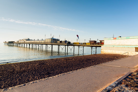 Paignton pier and sandy beach Torbay Devon England