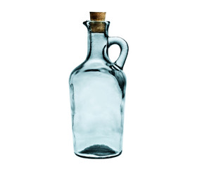 Empty glass bottle with cork stopper isolated on white.