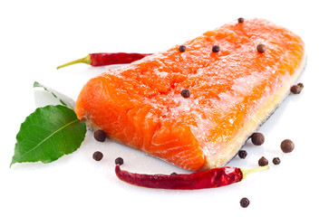 fresh salmon fillet with salt and spice isolated on white