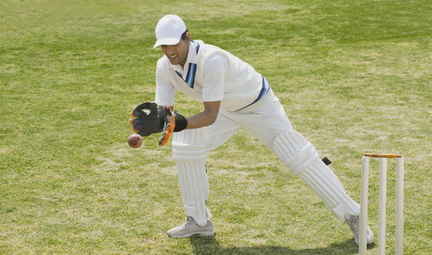 Cricket wicketkeeper catching a ball behind stumps - Powered by Adobe