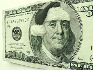 Ben Franklin Wearing Santa Hat One Hundred Dollar Bill