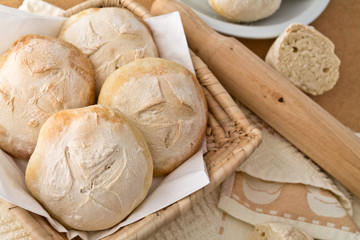 little roll breads in basket on table