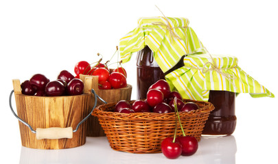 Different grades of sweet cherry in buckets