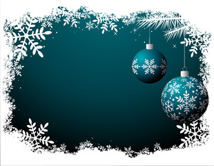 Blue Christmas background - Snow frame and Decorations balls - Greeting card - Night scene - Vector illustration