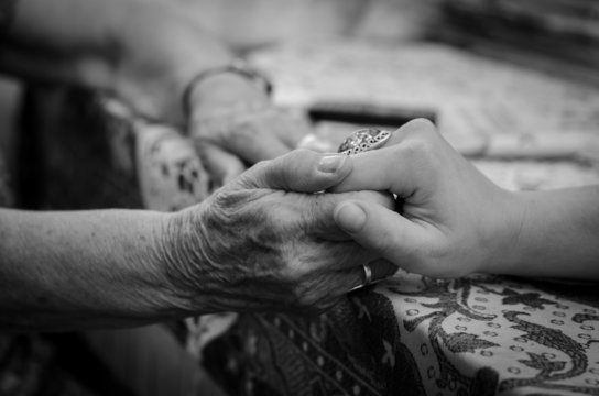 A young hand holding an elderly pair of hands
