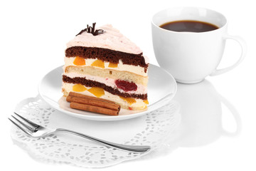 Layered fruit cake isolated on white