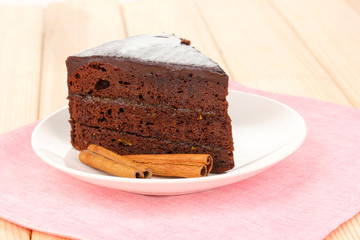 Chocolate cake on wooden table