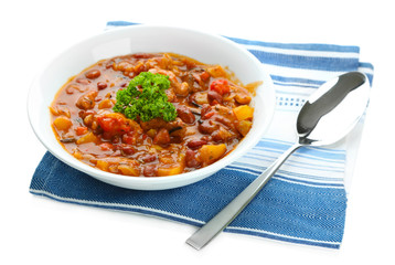 Chili Corn Carne - traditional mexican food, isolated on white