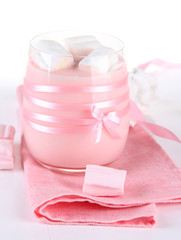 Tasty yogurt with marshmallows, isolated on white