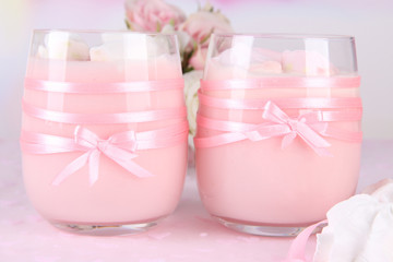 Tasty yogurt with marshmallows, close up